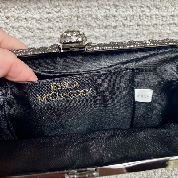 Jessica McClintock Black Satin Rhinestone Clasp Floral Metalwork Chain Purse Bag - Picture 9 of 16